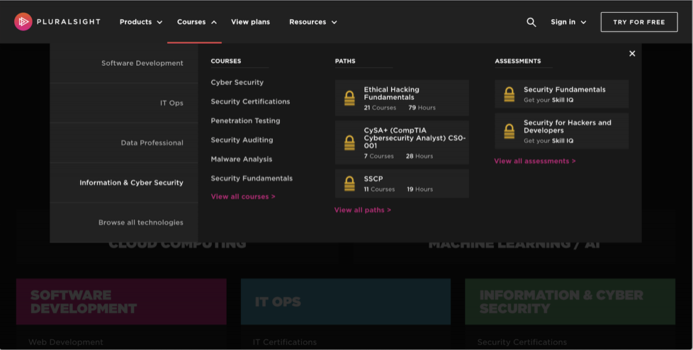 Pluralsight навигация меню